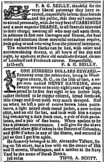 Reilly and Runaway Ad 1842